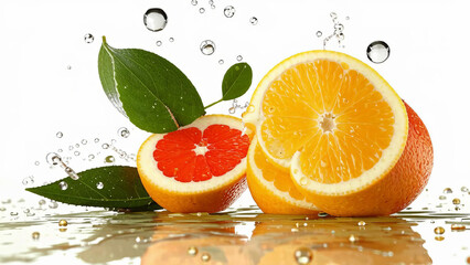 Juicy citrus fruits cut, drops of water.