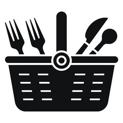 Simple black and white icon of a picnic basket containing a fork, knife, spoon, and flower.
