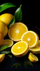Juicy citrus fruits cut, drops of water.