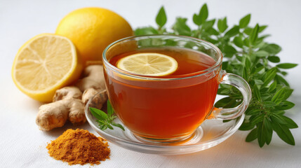The concept of natural herbal treatment. A cup of herbal tea with lemon, ginger, turmeric, and fresh green herbs on a white background.