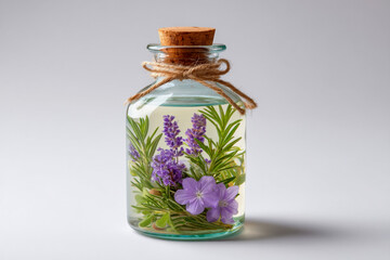 The concept of natural herbal treatment. A glass jar with a cork lid holds fresh lavender, greenery, and a purple flower, tied with rustic twine on a neutral background.
