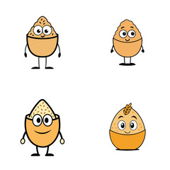 Four cartoon rice bowls with faces arms and legs standing on a white background in a square format
