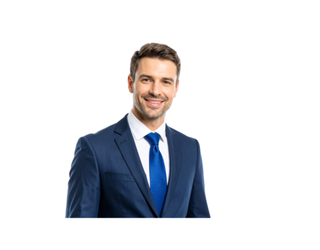 Smiling Businessman in a Navy Suit with a Bright Blue Textured Tie