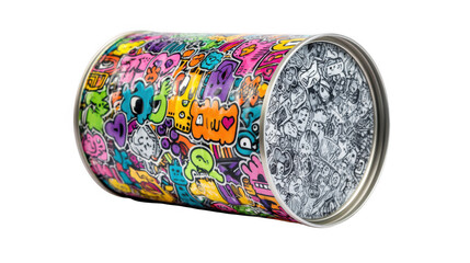 Colorful tin can decorated with vibrant street art graffiti lies horizontally on a transparent background, showcasing an eclectic mix of cartoon characters, symbols, and tags