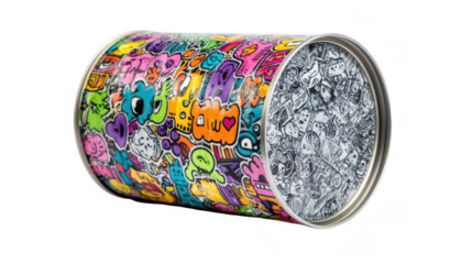 Colorful tin can decorated with vibrant street art graffiti lies horizontally on a transparent background, showcasing an eclectic mix of cartoon characters, symbols, and tags