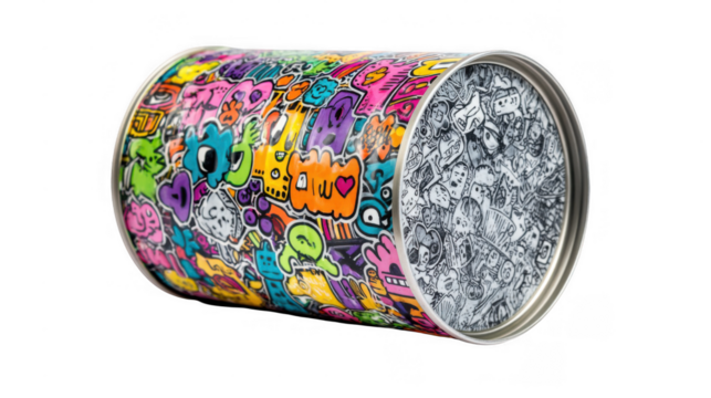 Colorful tin can decorated with vibrant street art graffiti lies horizontally on a transparent background, showcasing an eclectic mix of cartoon characters, symbols, and tags - Powered by Adobe
