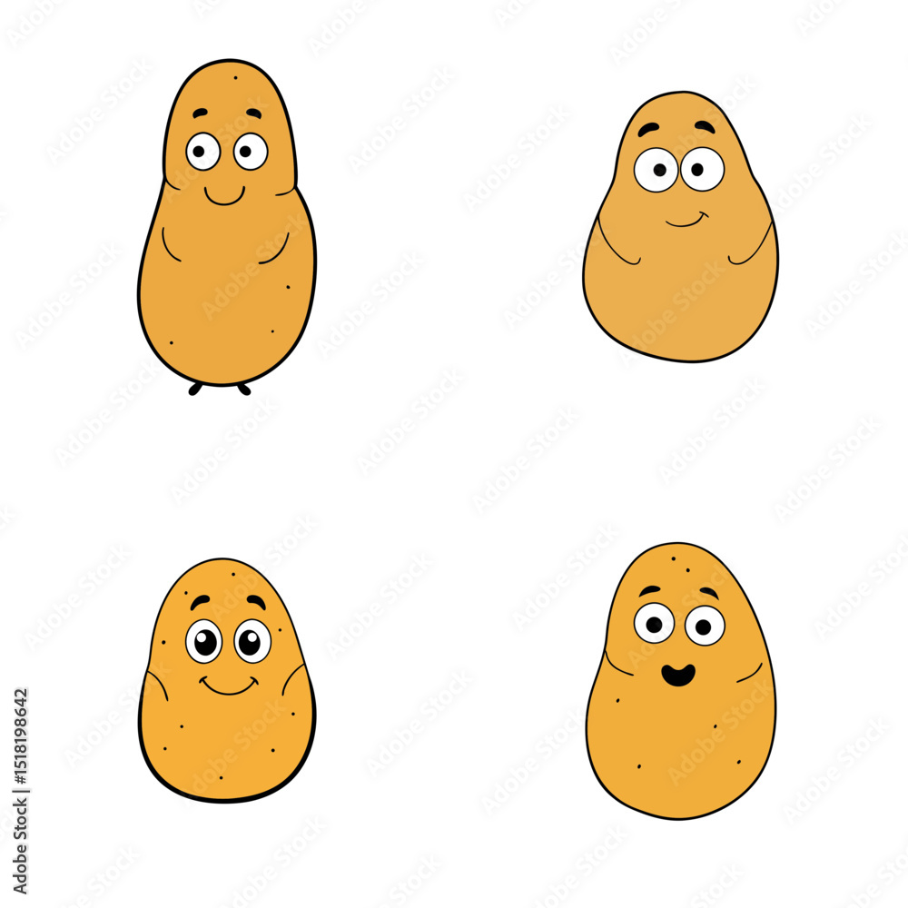 Poster four cartoon potatoes with different expressions arranged in a square on white background