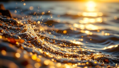 golden currents cascade rightward, blurring into a deep focus horizon, leaving ample copy space bathed in sparkling, bright yellow light on the left.