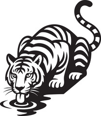 Tiger drinking at waterhole majestic design, Big cat at pond silhouette illustration