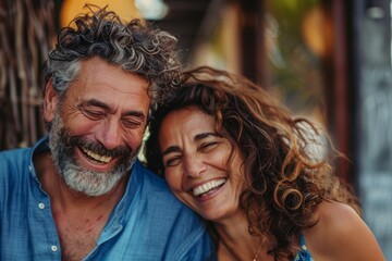 Portrait of a grinning couple in their 40s dancing together