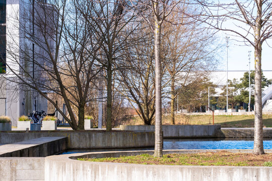 Public park and water feature in Orestad Copenhagen showcasing urban design and recreational spaces integrated with architecture