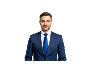 Smiling Businessman in Blue Suit with Polka Dot Tie Front View