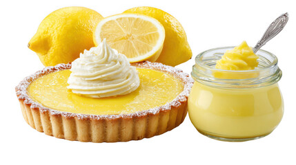 Freshly baked lemon tart with a dollop of whipped cream sits beside a jar of lemon curd, accompanied by fresh lemons, all on a transparent background, creating a vibrant and appetizing scene