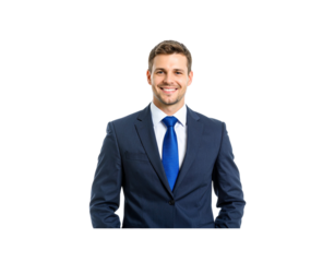 Smiling Businessman in Dark Blue Suit and Bright Blue Tie Hands in Pockets