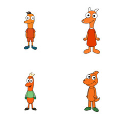 Four cartoon orange characters with different features and clothing on a white isolated background