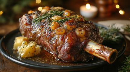 Geschmorte Lammhaxe auf einem Teller mit Garnierung und festlichem Dekor