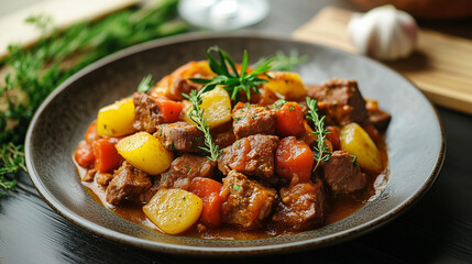 Lammgulasch mit cremigen Makkaroni auf schwarzem Teller mit Kräutern