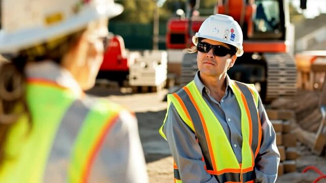 Two construction workers in safety gear discussing project details on a construction site during daylight.