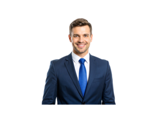 Smiling Businessman in Navy Suit and Bright Blue Tie Head and Shoulders (1)