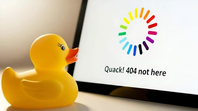 Playful digital error display humorously paired with bath toy duck, blending tech and whimsy in a lighthearted take on page not found