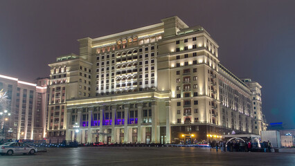 View of the eastern facade of the old Hotel Moskva from Manege Square timelapse hyperlapse. Moscow,...