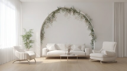 Modern living room with white sofa, green arch, and dried flowers, embodying minimalistic elegance and natural simplicity.
