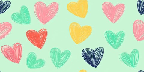 Hand-Drawn Colorful Hearts Pattern on Turquoise Background, Playful Seamless Design