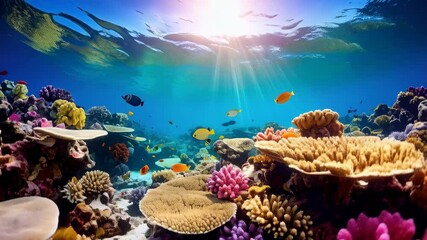 Vibrant coral reef ecosystem teeming with colorful tropical fish underwater. Sunlight filters through the ocean's surface, illuminating the diverse marine life. - Powered by Adobe