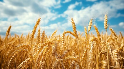 Fototapeta premium Golden stalks of wheat stand tall in a vast field, swaying gently in the warm breeze. The bright blue sky features white, fluffy clouds, creating a serene atmosphere at midday