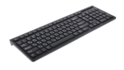 Black computer keyboard with modern layout for typing isolated on white background.