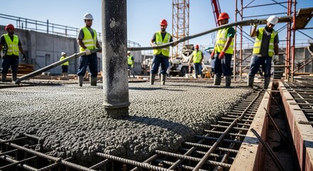 Close-up of concrete being poured into foundation mold with steel reinforcement