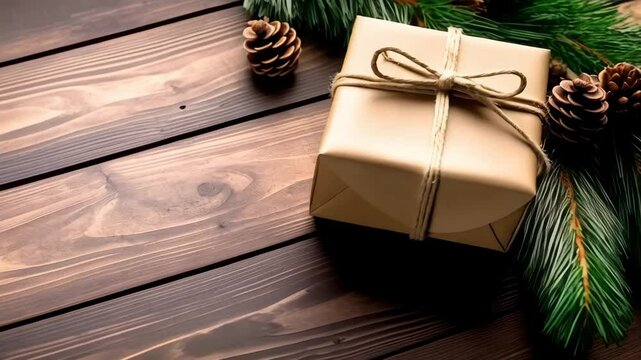 Wrapped presents on a dark wooden table with pinecones and evergreen branches for Christmas holiday background
