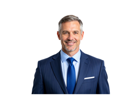 Smiling Businessman in Pinstripe Suit with Blue Tie and Pocket Square