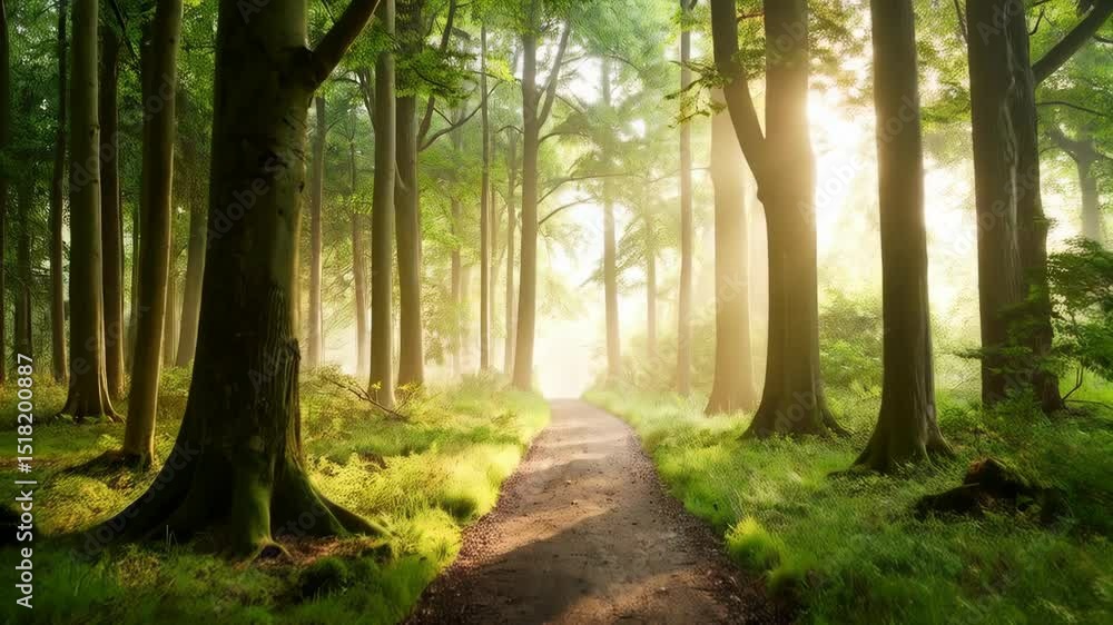 Poster sunlit path winding through a dense forest with tall trees and green grass creating a peaceful and i
