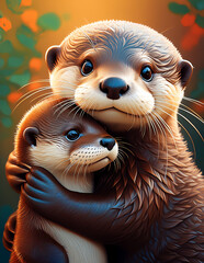 baby otter holding onto its mother