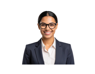 Smiling businesswoman with black framed glasses and navy blue suit