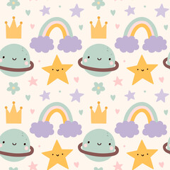 Naklejka premium Cute seamless pattern with childish doodles in pastel colors - rainbow with clouds, stars, planets. Vector hand-drawn flat illustration. Perfect for print, wrapping paper, wallpaper, fabric, textile.