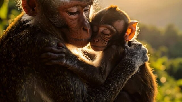 Affectionate monkey mother holding and embracing her baby monkey in a golden light with a background of vibrant lush vegetation