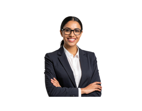 Smiling businesswoman with glasses and dark suit arms crossed confidently
