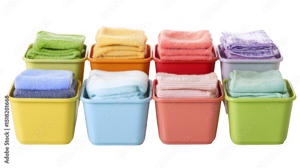 Poster eight colorful plastic bins neatly arranged and filled with folded towels of various colors, isolate