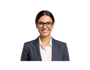Smiling businesswoman with glasses and dark suit jacket professional portrait (1)