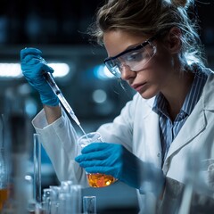 A scientist works diligently in a laboratory, analyzing a sample with focus and precision. She wears protective goggles and gloves while handling lab equipment, embodying scientific rigor