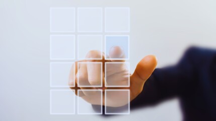 Businessman's hand touches a virtual screen, interacting with a digital business network diagram for success