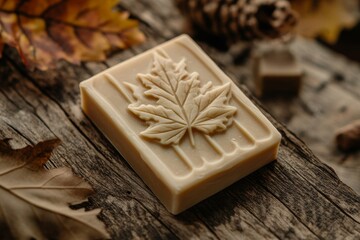 Artisan beige soap adorned with natural leaves, perfectly displayed on rustic wooden surface