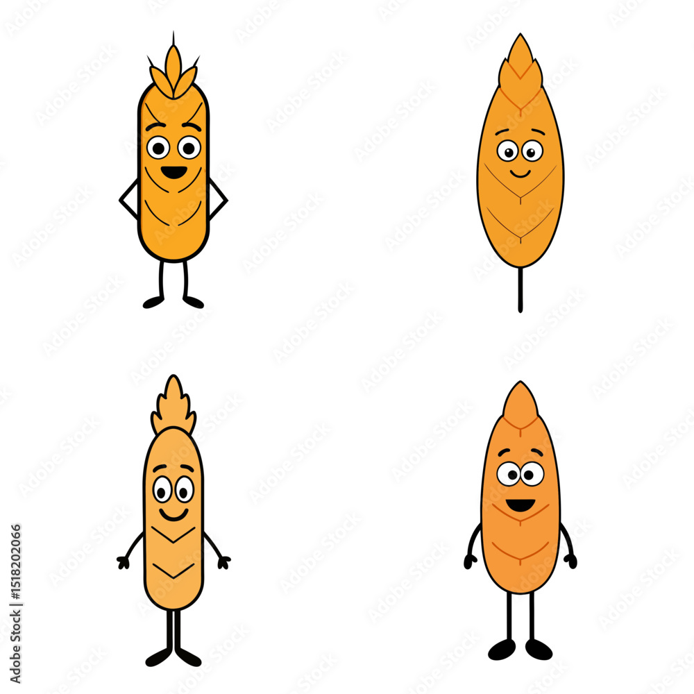 Poster four cartoon sweet potatoes with different poses and expressions on a white background in a vector i