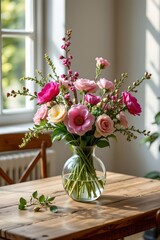 flower decor on wooden table with natural light