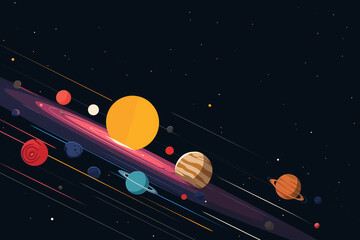 Colorful depiction of solar system with planets and stars in dark cosmic background