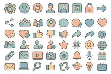 Collection of colorful and minimalist icons for social media, communication, and digital tools icon set