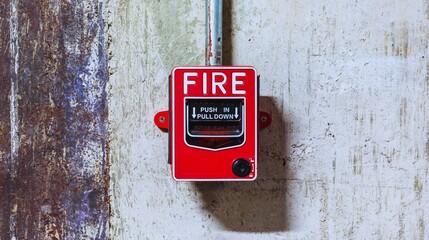 A vintage red fire alarm box with an emergency stop sign on a wall