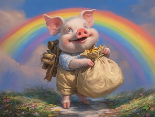 Cheerful Pig Holding Bag of Coins Under a Rainbow in a Bright Landscape